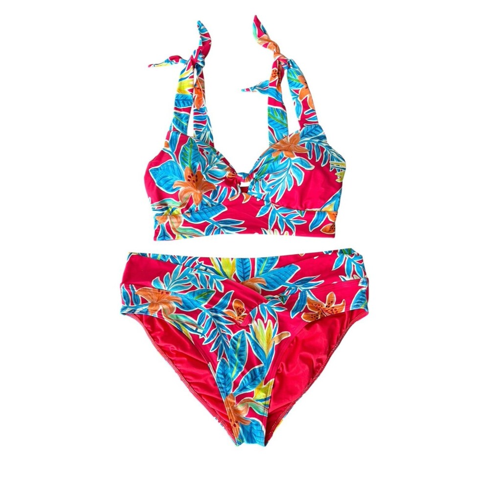 Sunsets Two Piece Red Floral Swimsuit w/Keyhole  Removable Pads‎ Size 16 / DD